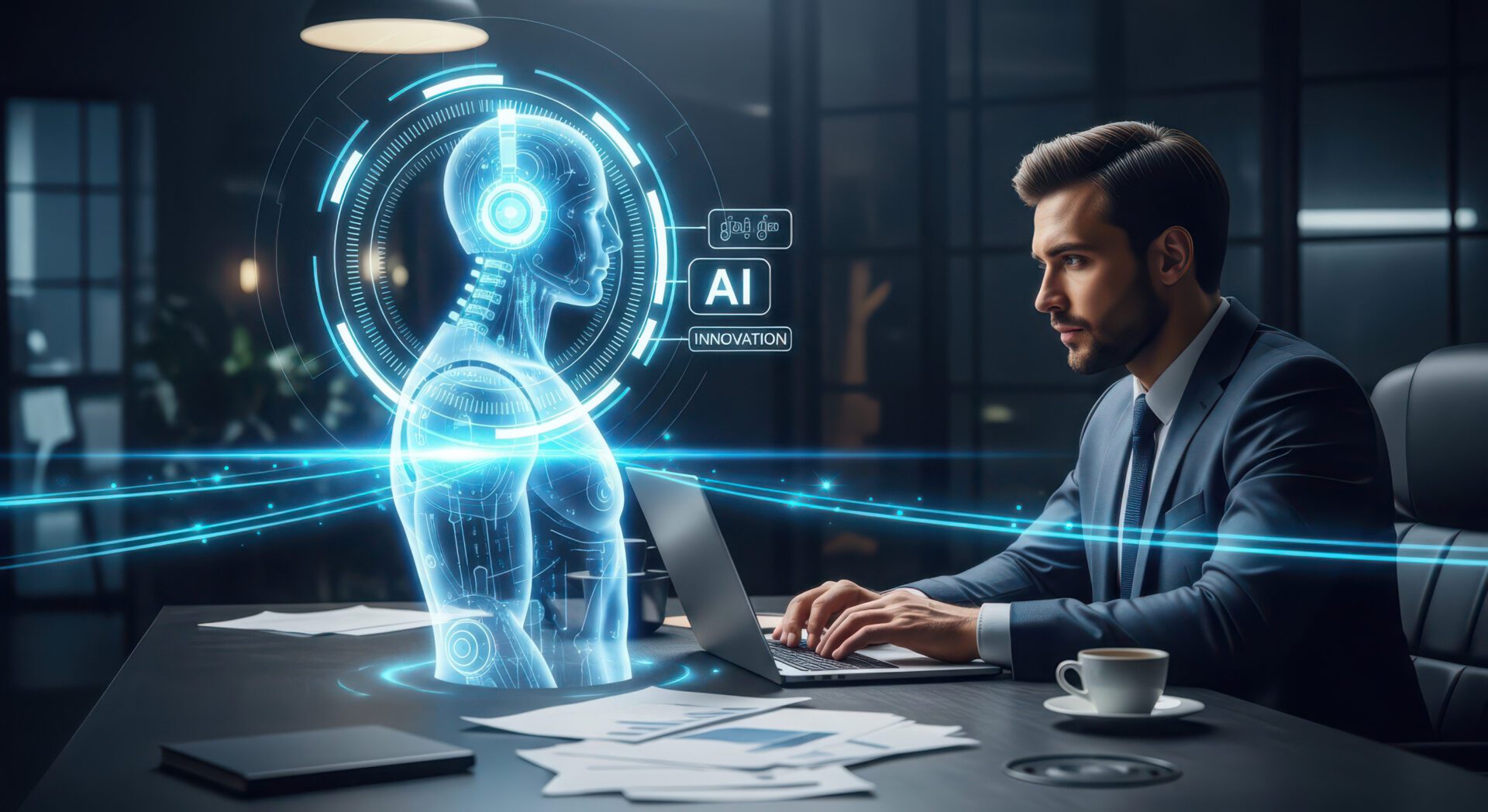 An professional businessman in a suit sits at a desk, looking at a glowing blue holographic display of a human-like robot profile. The futuristic interface includes circular digital elements and text that reads "AI INNOVATION" in a modern office setting.